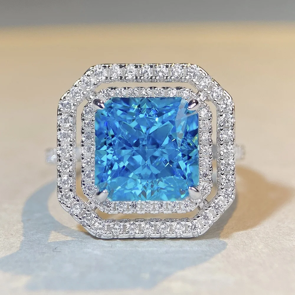 Модные кольца с цирконом синего цвета, кольцо с ореолом огранки Принцессы, Обручальные кольца из стерлингового серебра 925 пробы, Кольца с цирконом для женщин