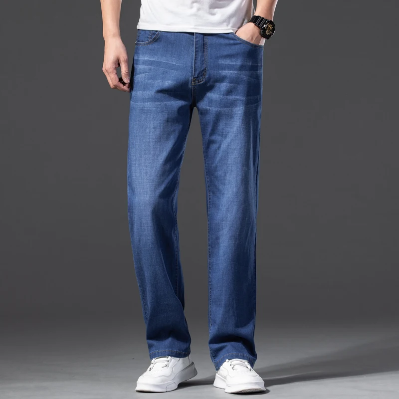 Мужские джинсы Классические Летние из хлопка с лиоцеллом, Прямые Стрейчевые Брендовые джинсовые брюки, комбинезон, светло-синие Облегающие брюки, Большие размеры 40 42 44 46