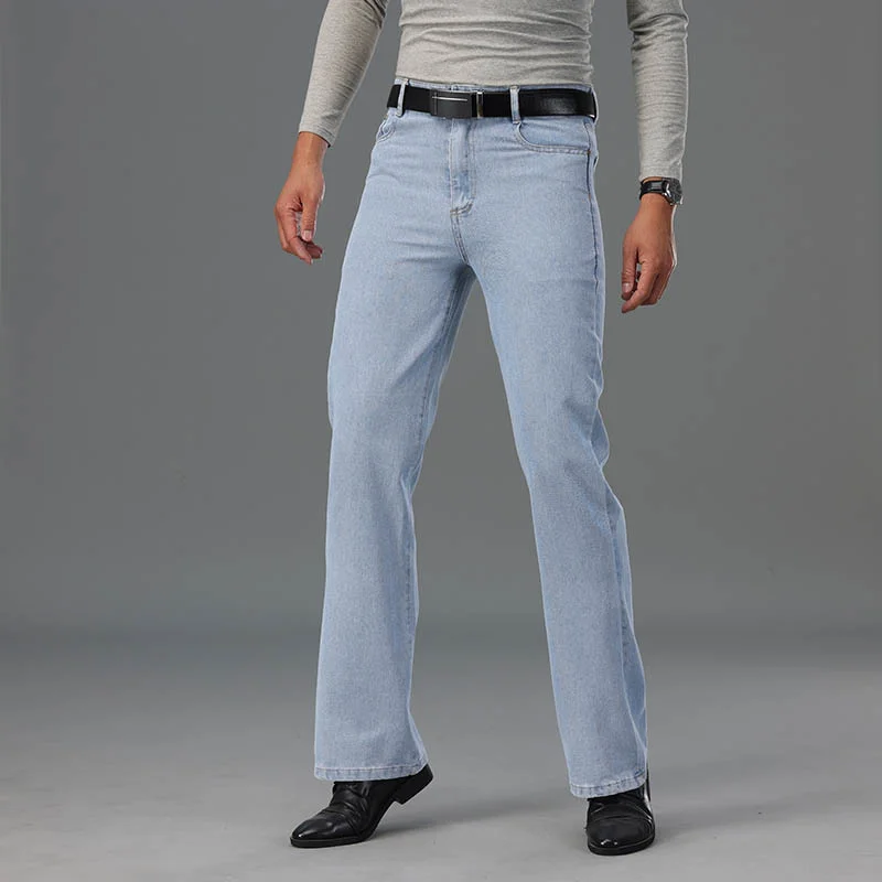 Мужские летние светло-голубые расклешенные джинсы, мужские дизайнерские классические джинсы с расклешенными штанинами